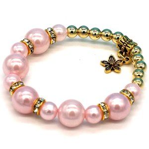 Bracelet Pink Pearls Gold Beads Rhinestones Daisy Charm. OS